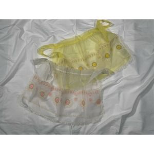 Vintage 2 Pack Apron 3 Pockets Yellow White Sheer Floral Embroidered Mod
